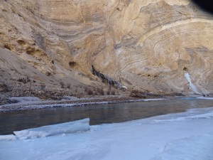 You can see the water stream that has never frozen and right next to it a stream that has frozen!